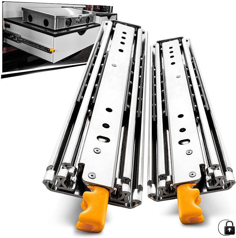 Photo 1 of AOLISHENG Heavy Duty Drawer Slides 26 Inch with Lock Full Extension Ball Bearing Locking Industrial Drawer Slides 3 Section Drawer Tracks and Runners 440 lb Load Capacity Side Mount 1 Pair
