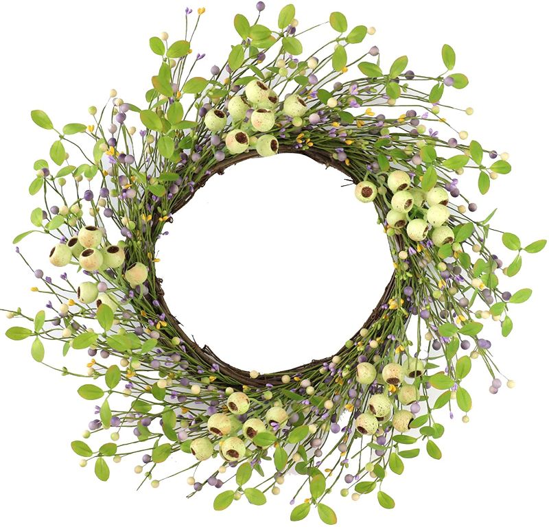 Photo 1 of Artificial Berry Wreath,22” Green Wreath with Big Berries Pip Berry Wreath Spring/Summer Berry Wreath for Front Door Wall Window and Easter Decor
