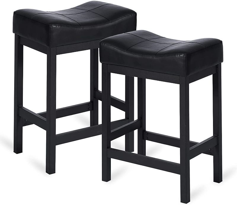 Photo 1 of Bar Stools Set of 2-Counter Height Stools - 24 Inch Saddle Stool - PU Leather Kitchen Stools - Black Seat - Metal Base, KS861P-BL
