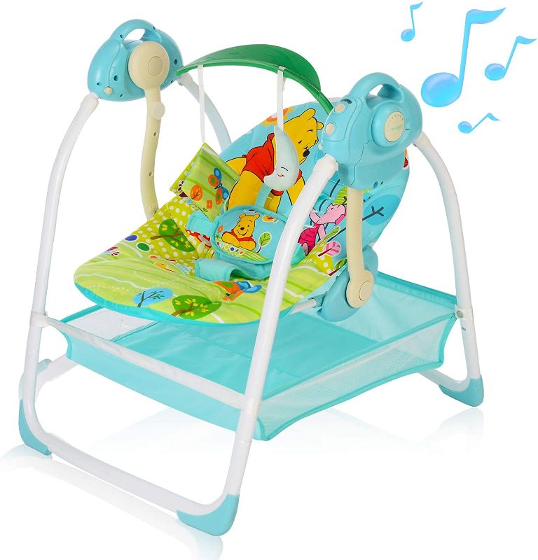 Photo 1 of AiBeeYou Baby Swings for Infants, Baby Swing with 6 Motions,Infant Swing with Music,Sounds and Timing Function, Baby Rocker with 2 Toys, Plsuh Seat & Soft Head Support, Machine Washable Fabric (Blue)
