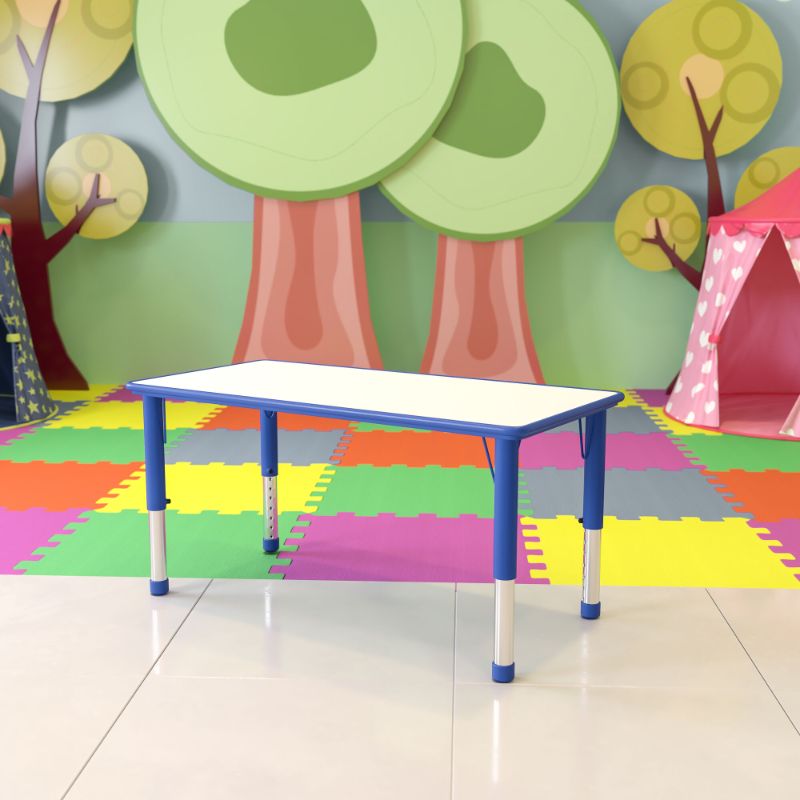 Photo 1 of 23.625''W x 47.25''L Rectangular Blue Plastic Height Adjustable Activity Table with Grey Top

