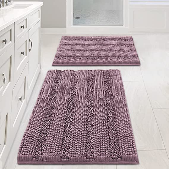 Photo 1 of 2 Piece Bathroom Set Mauve/Rose Bathroom Rugs Ultra Thick and Soft Texture Chenille Plush Striped Floor Mats Hand Tufted Bath Rug with Non-Slip Backing(20" x 32"/17" x 24")
