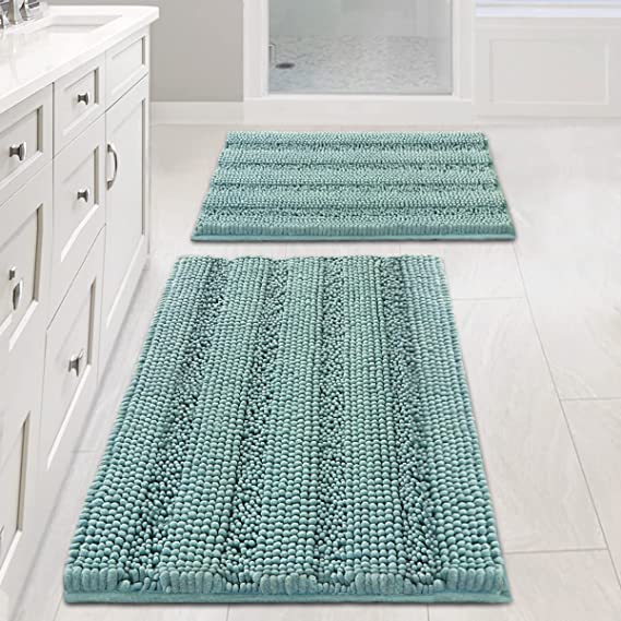 Photo 1 of 2 Piece Bathroom Set Non Slip Thick Shaggy Chenille Bathroom Rugs, Bath Mats for Bathroom Extra Soft and Absorbent Striped Bath Rugs Set for Indoor/Kitchen (Eggshell Blue, 20" x 32"/17" x 24")
