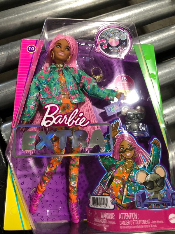 Photo 2 of Barbie Extra Doll 10 in Floral-Print Jacket with Dj Mouse Pet for Kids 3 Years Old and up
