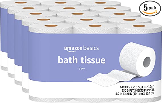 Photo 1 of Amazon Basics 2-Ply Toilet Paper 5 Packs, 6 Rolls per pack (30 Rolls total) 