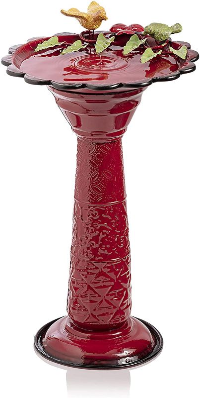 Photo 1 of Alpine Corporation 28" Tall Outdoor Metal Birdbath with Birds and Leaves Yard Statue Decoration, Red
