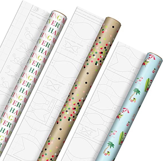 Photo 1 of Hallmark Beach Christmas Wrapping Paper with Cutlines and Optional DIY Bow Templates on Reverse (3 Rolls: 120 Sq. Ft. Ttl) Tropical Santa Claus, Pink Flamingo, Lime Green Confetti