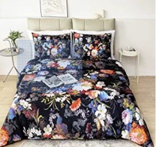 Photo 1 of Argstar 3 Pcs Queen Floral Duvet Cover, 3D Colorful Luxuriant Flowers Bedding Set, Black Comforter Cover with Flowers and Leaves, 100% Soft Microfiber, 1 Duvet Cover and 2 Pillow Covers
