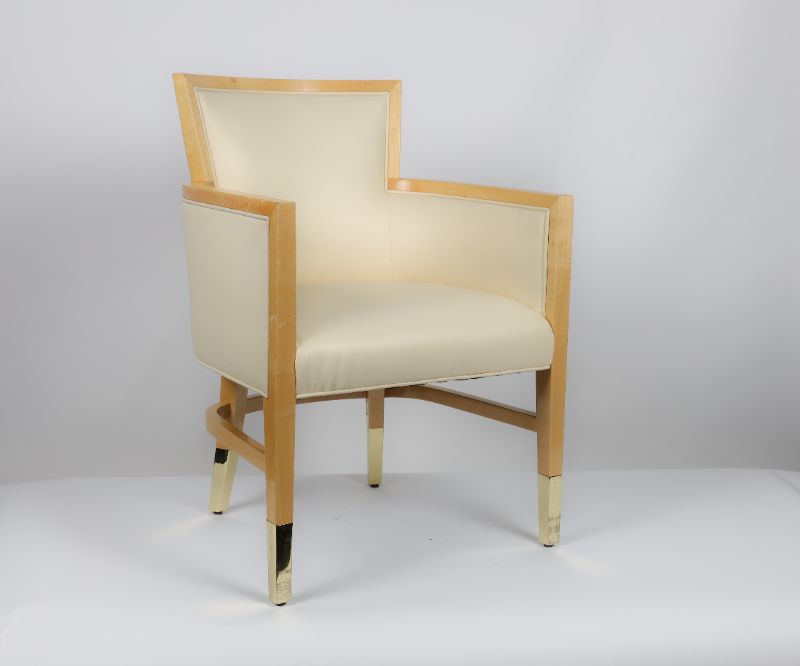 Photo 1 of Creme Faux Leather Birch Wooden Trim Chair Faux Gold Trimming Around Feet 33H Inches