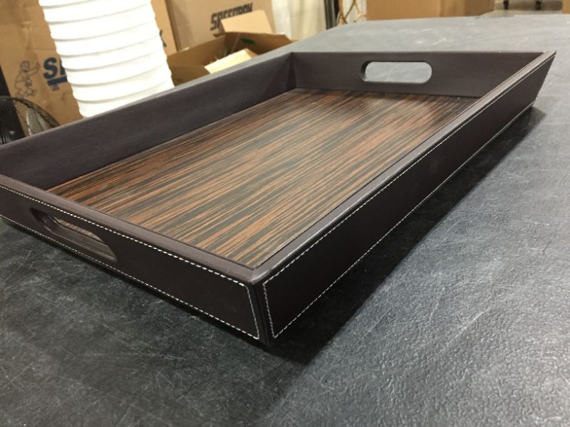 Photo 2 of WOOD AND LEATHER STITCHED SERVING TRAY WITH HANDLES LENGTH 19 INCHES WIDTH 14 INCHES