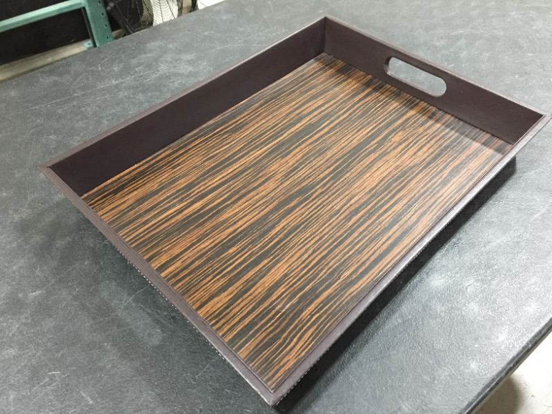 Photo 1 of WOOD AND LEATHER STITCHED SERVING TRAY WITH HANDLES LENGTH 19 INCHES WIDTH 14 INCHES