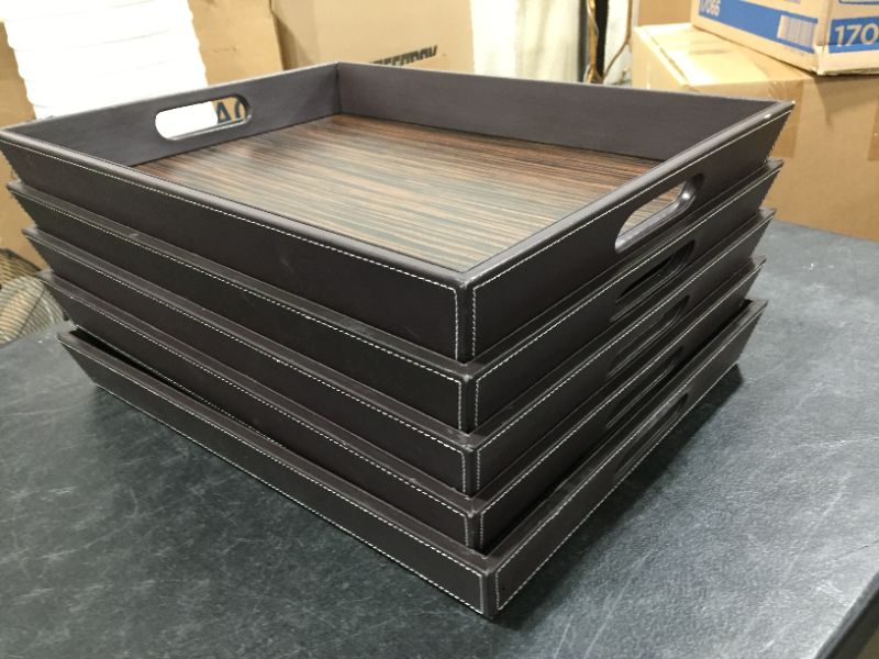 Photo 1 of 5PACK WOOD AND LEATHER STITCHED SERVING TRAY WITH HANDLES LENGTH 19 INCHES WIDTH 14 INCHES