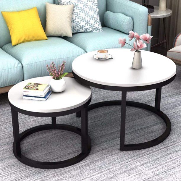 Photo 1 of 2 Round Tea Table Coffee Table Desk Sets | White - Twin Sets Multi Function Wood & Steel Living Room Home Decor Polished Surface Overlapping Ending Tables Cocktail Table