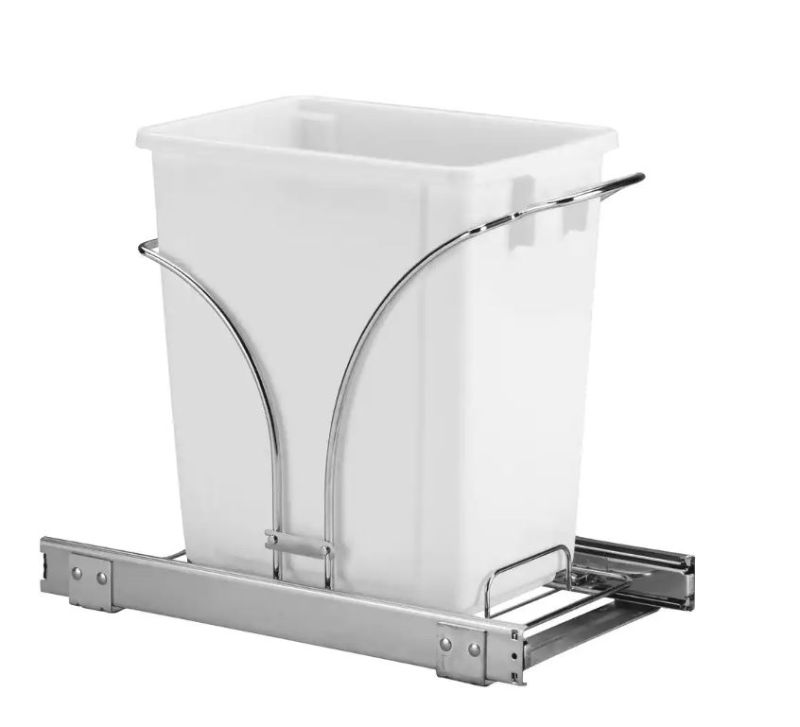 Photo 1 of 15 in. Single Sliding Trash Can in Chrome with 5 Gal. White Bin, Silver