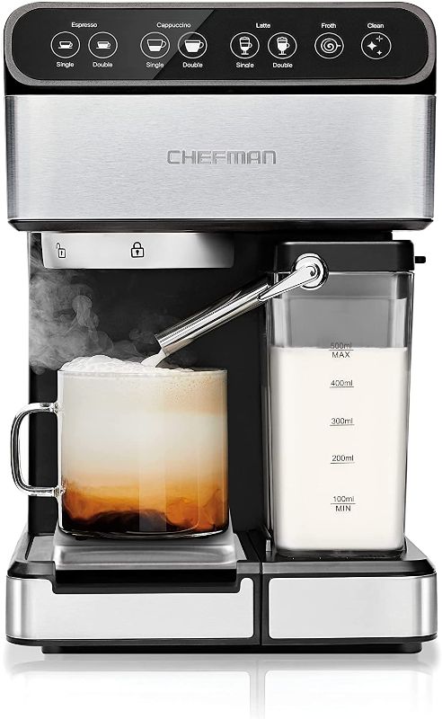 Photo 1 of Chefman 6-in-1 Espresso Machine,Powerful 15-Bar Pump,Brew Single or Double Shot, Built-In Milk Froth for Cappuccino & Latte Coffee, XL 1.8 Liter Water Reservoir, Dishwasher-Safe Parts, Stainless Steel
