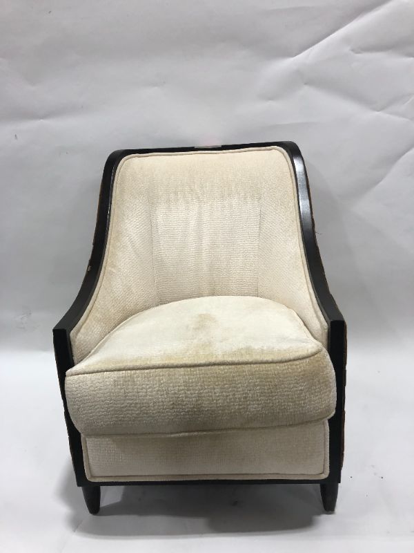Photo 1 of DARK WOOD FINISH TRIMMING PATTERNED SOFT FABRIC MATERIAL LOUNGE CHAIR  H 36 W 26 INCHES