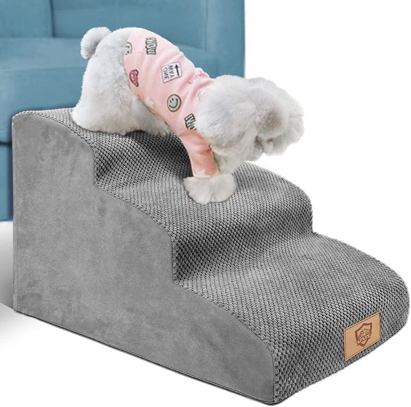 Photo 1 of 3 Tiers Foam Dog Ramps/Steps,Non-Slip Dog Steps,Extra Wide Deep Dog Stairs,High Density Foam Pet Stairs/Ladder,Best for Older Dogs,Cats,Small Pets,with Dog Rope Toy,Grey 12"H x 16"w x 16"D