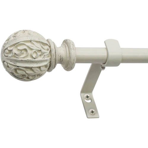 Photo 1 of 26 in. - 48 in. Single Curtain Rod in Distressed White with Leaf Ball Finial
