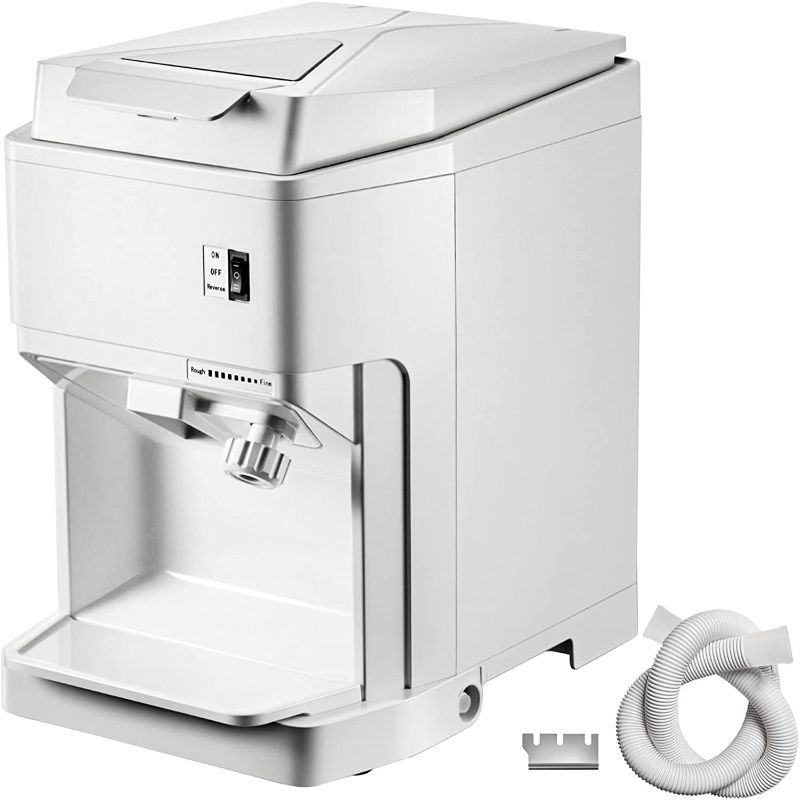 Photo 1 of VEVOR Ice Shaver Machine Electric, Shaved Ice Machine Commercial 265 LBS/H, Snow Cone Maker w/Ice Hopper & Lid, 250W Ice Crusher w/Drain Pipe Tabletop Shaved Ice Maker w/Adjustable Fineness White

