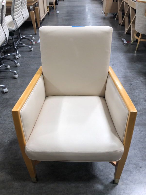 Photo 2 of Creme Leather Birch Wooden Trim Chair  Gold Trimming Approx Feet 36 Inches Tall