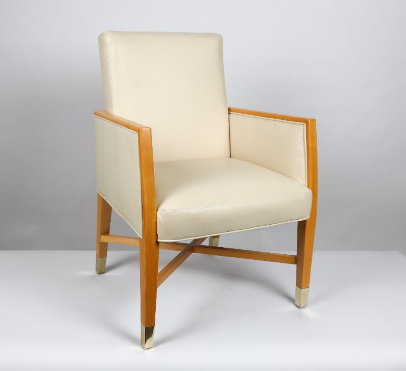 Photo 1 of Creme Leather Birch Wooden Trim Chair  Gold Trimming Approx Feet 36 Inches Tall