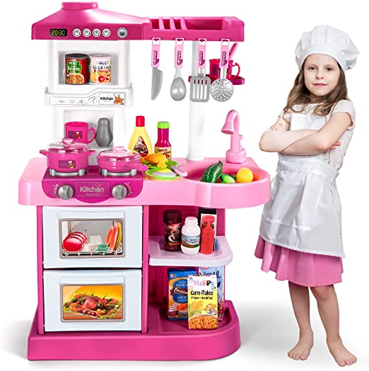 Photo 1 of Temi Play Kitchen Playset Pretend Food - 53 PCS Pink Kitchen Toys for Toddlers, Toy Accessories Toddler Set w/ Real Sounds and Light, Toddler Outdoor Playset for Kids, Girls & Boys. OPEN BOX. BROKEN PLASTIC PIECES.
