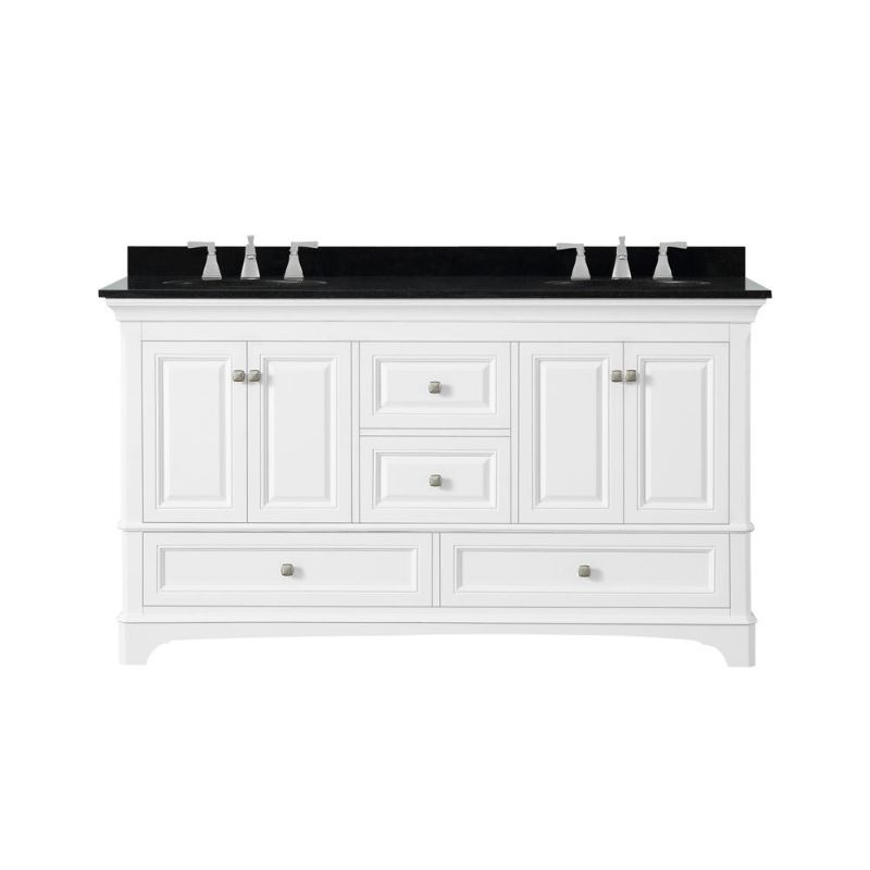 Photo 1 of HOME DECORATORS COLLECTION MOORPARK 61 IN. W BATH VANITY IN WHITE WITH GRANITE VANITY TOP IN BLACK WITH WHITE BASINS
