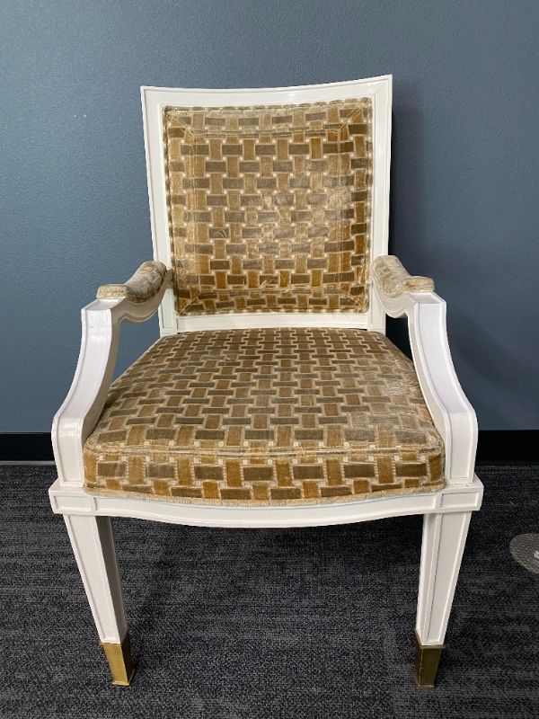 Photo 2 of BROWN DESIGNED FABRIC DINING CHAIR PADDED ARMS 21L X 23W X 37H INCHES