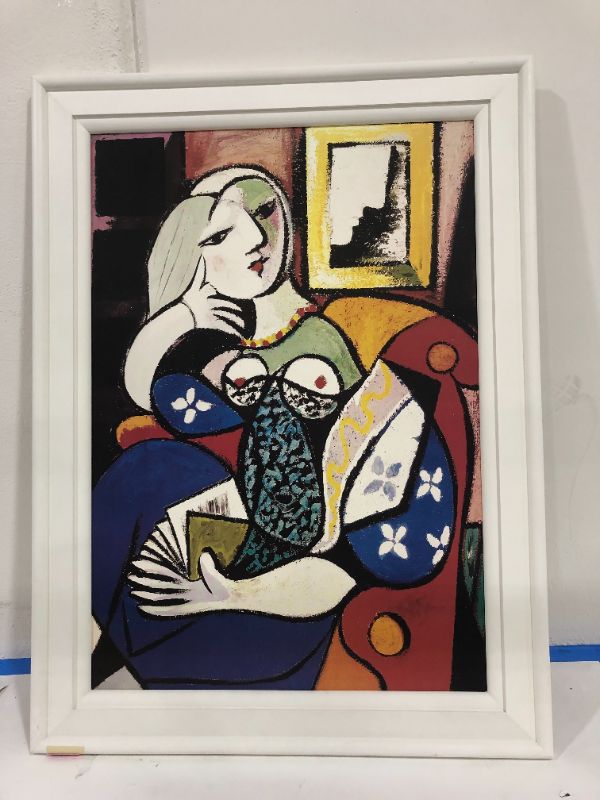 Photo 2 of Pablo Picasso Woman With Book Print Style MultiColored Artwork Approx H 47 x W 35 Inches Framed in White