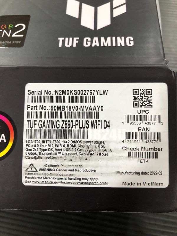 Photo 6 of ASUS TUF Gaming Z690-Plus WiFi D4 LGA1700(Intel 12th Gen) ATX gaming motherboard(PCIe 5.0, DDR4,4xM.2/NVMe SSD,14+2 power stages,WiFi 6,2.5Gb LAN,front USB 3.2 Gen 2 Type-C,Thunderbolt 4,ARGB headers)
