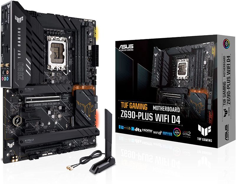 Photo 1 of ASUS TUF Gaming Z690-Plus WiFi D4 LGA1700(Intel 12th Gen) ATX gaming motherboard(PCIe 5.0, DDR4,4xM.2/NVMe SSD,14+2 power stages,WiFi 6,2.5Gb LAN,front USB 3.2 Gen 2 Type-C,Thunderbolt 4,ARGB headers)
