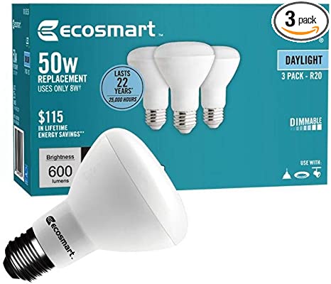 Photo 1 of (3-Pack) EcoSmart R20 Daylight LED, Dimmable, 600-Lumen, 5000K, 8-Watt (50-Watt Equivalent) Light Bulb, E26 Medium Base
