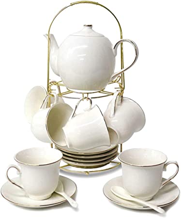 Photo 1 of DaGiBayCn 20 Piece European Ceramic Tea Sets,Bone China Coffee Set with Metal Holder?White Tea Set,600ML/Pot,160ML/Cup.
