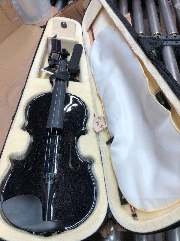 Photo 4 of ?Mendini By Cecilio Violin For Kids & Adults - 4/4 MV Metallic Black Violins, Student or Beginners Kit w/Case, Bow, Extra Strings, Tuner, Lesson Book - Stringed Musical Instruments
