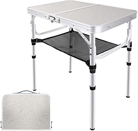 Photo 1 of  Folding Camping Table with Storage, Height Adjustable Portable Foldable Aluminum Camp Table, Lightweight Small Folding Table for Outdoor Indoor, Camp, Picnic, Cooking, Beach (3 Heights)
