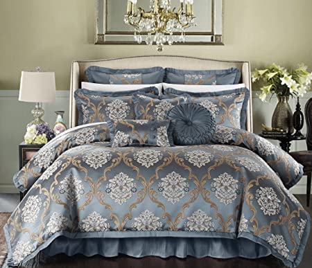 Photo 1 of Chic Home CS4622-AN 9 Piece Aubrey Decorator Upholstery Quality Jacquard Scroll Fabric Bedroom Comforter Set & Pillows Ensemble, Queen, Blue
