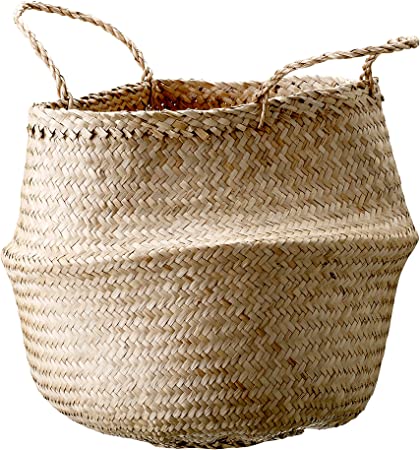 Photo 1 of Bloomingville A928004 Medium Beige Collapsible Seagrass Handles Basket, 13.75 Inch, Natural
