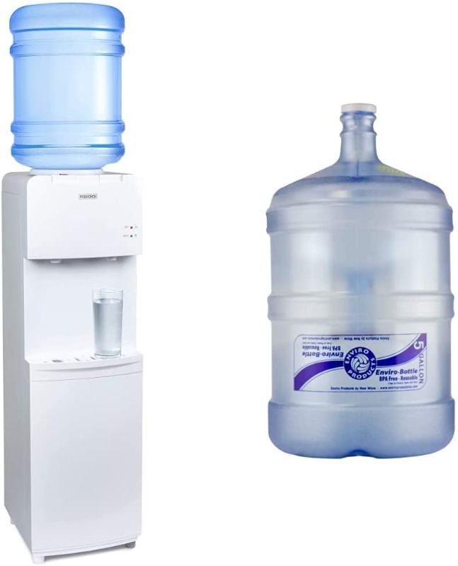 Photo 1 of Igloo IWCTL352CHWH Hot & Cold Top-Loading Water Cooler Dispenser, Holds 3 & 5 Gallon Bottles, Child Safety Lock, White & New Wave Enviro Products BPA Free Tritan™ Bottle, 5-Gallon
