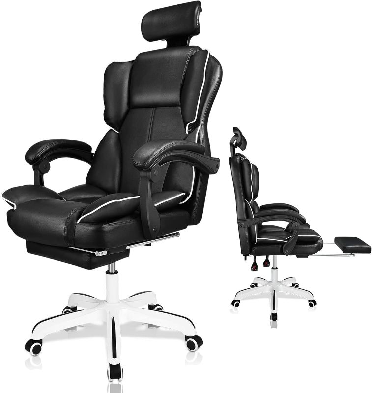 Photo 1 of Executive Office Chair High Back Computer Big Tall Office Chair Leather Swivel Task Chair with Footrest, Adjustable Height Reclining Chair with Wrap Padded Backrest and Cushion (Black)
