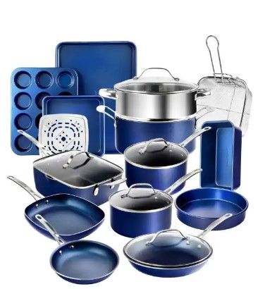 Photo 1 of Classic Blue 20-Piece Aluminum Ultra-Durable Non-Stick Diamond Infused Cookware and Bakeware Set
