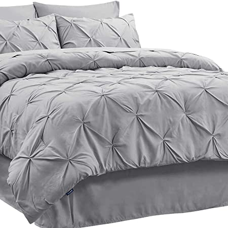 Photo 1 of Bedsure Queen Comforter Set 8 Pieces - Pintuck Queen Bed Set, Bed in A Bag Grey Queen Size with Comforters, Sheets, Pillowcases & Shams, Kids Bedding Set
