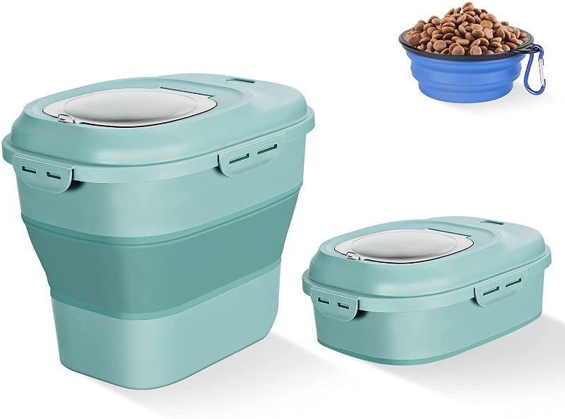 Photo 1 of Collapsible Dog Food Storage Container, 30 Lb Pet Cat Pantry Plastic Large Containers Bin with Wheels Airtight Lids Locking Bowl, 50 Lb Kitchen Cereal Flour Sugar Rice Leakproof Sealable Dry Holder
