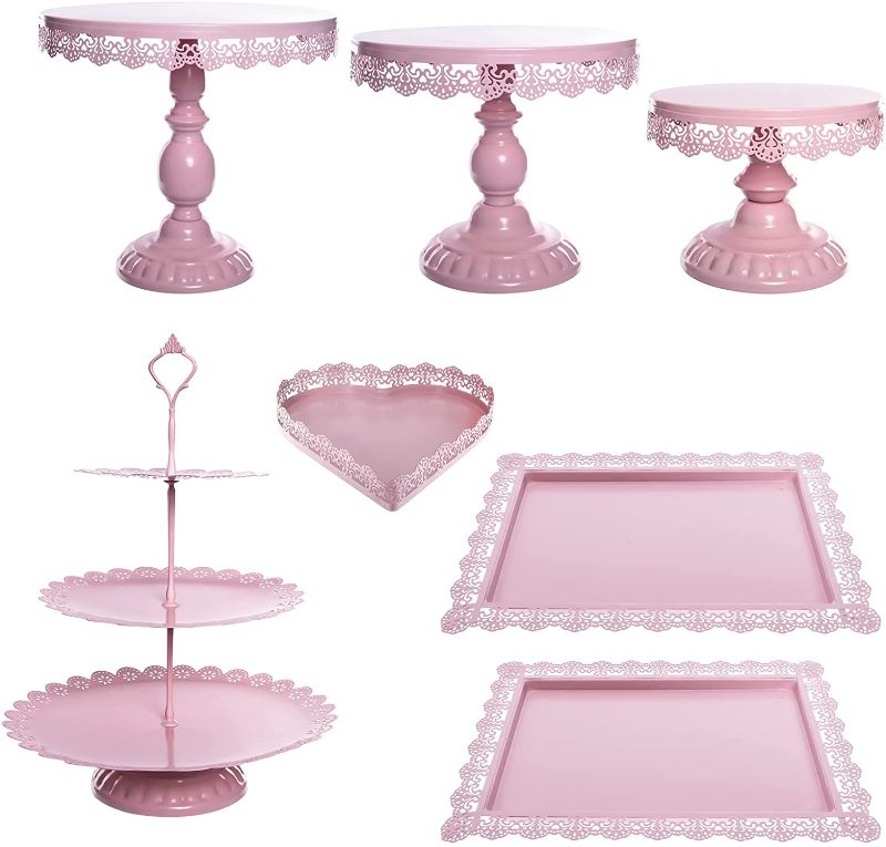 Photo 1 of 7 Pcs Pink Cake Stand Sets for Dessert Table Display Set, Cupcake Stand Set Pastry Trays Dessert Towers Plates Round Metal Cake Stand Set for Birthday Party Wedding Baby Shower Xmas Decor
