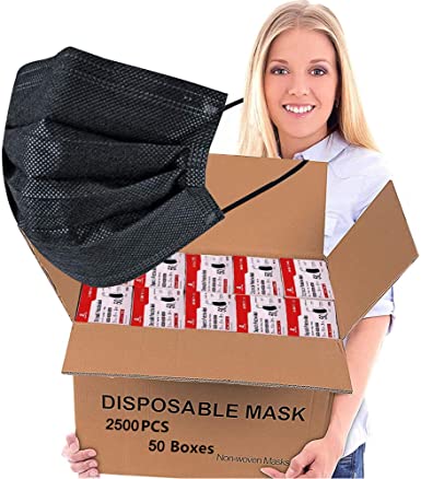 Photo 1 of 2500 PCS Bulk Black Disposable Face Masks (50 Boxes, 50pcs/box), Wholesale Disposable Mask, Non Woven Thick 3-Layers Masks Cup Dust Masks for Business School PPE
