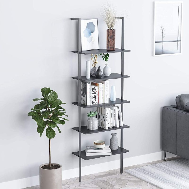 Photo 1 of Bizzoelife 5-Shelf Bookcase Storage Organizer: Open Wall-Mounted Ladder Shelves, 72.5 inches Modern Wood Bookshelf with industrial Stable Metal Frame, Stand Rack Bookshelf for Home Office Decor, Black
