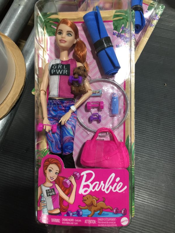 Photo 1 of Barbie Fitness Doll Red-Haired with Puppy and 9 Accessories Including Yoga Mat with Strap Hula Hoop and Weights Gift for Kids 3 to 7 Years Old
