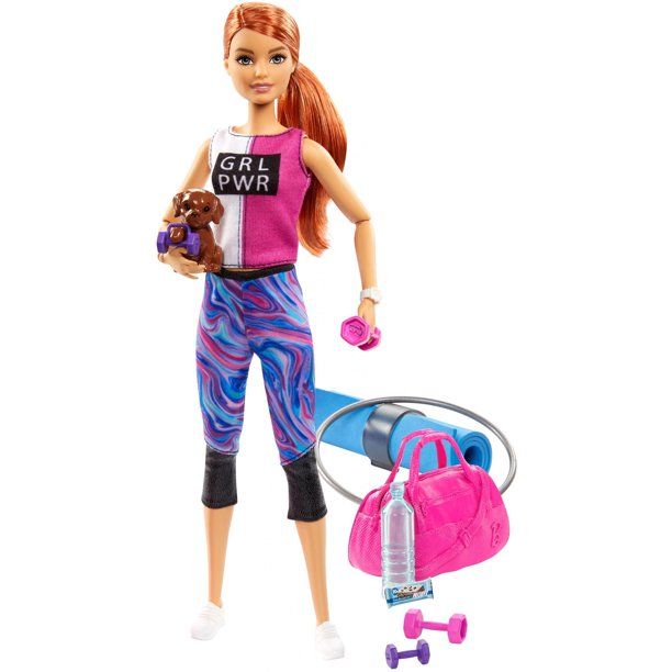 Photo 1 of Barbie Fitness Doll Red-Haired with Puppy and 9 Accessories Including Yoga Mat with Strap Hula Hoop and Weights Gift for Kids 3 to 7 Years Old
