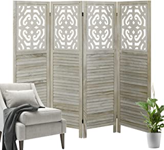 Photo 1 of ECOMEX Wood Room Divider 4 Panel 5.6FT Tall Carved Room Dividers and Folding Privacy Screen, Room Screen Divider Freestanding Wooden Screen Room Divider, Partition Room Divider for Bedroom, White
