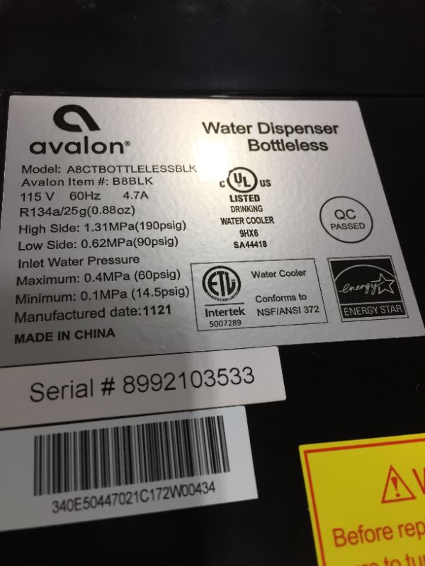 Photo 2 of Avalon A8CTBOTTLELESSBLK Hot & Cold Water, NSF Certified Filter, UL/Energy Star, Black
