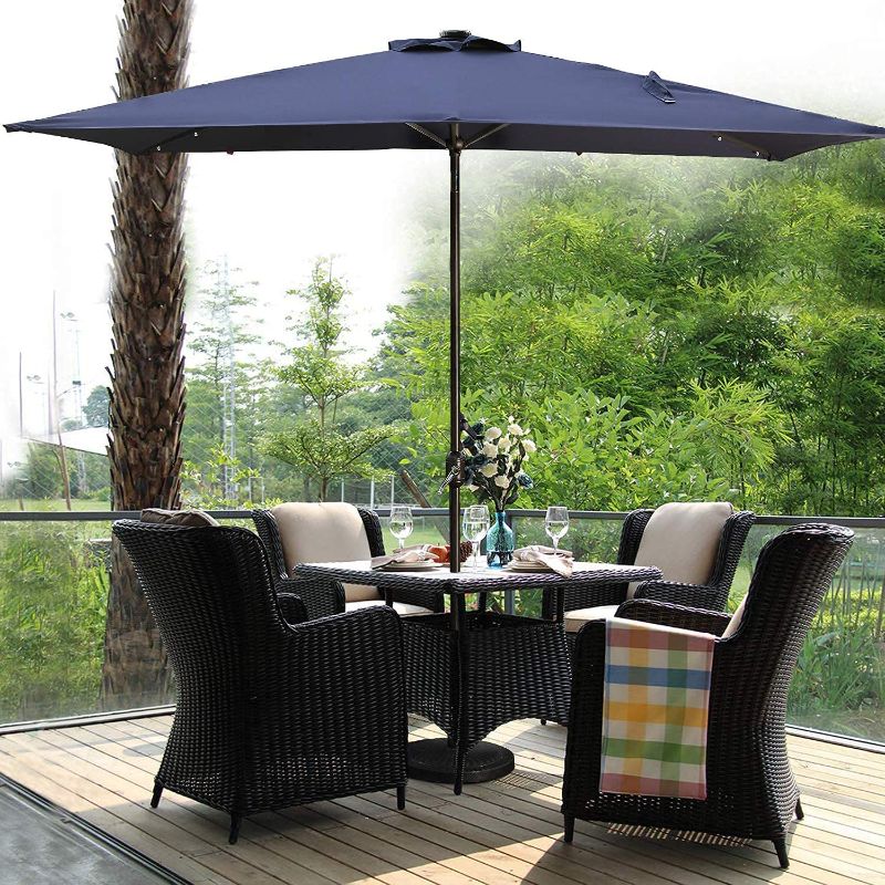 Photo 2 of Aok Garden 10ft Patio Umbrella with Solar Lights - 26 LED Rectangular Tilt Umbrella, 6-8 Chairs Outdoor Rectangle Umbrella for Lawn Backyard, Deck, Pool and Beach, Navy Blue
